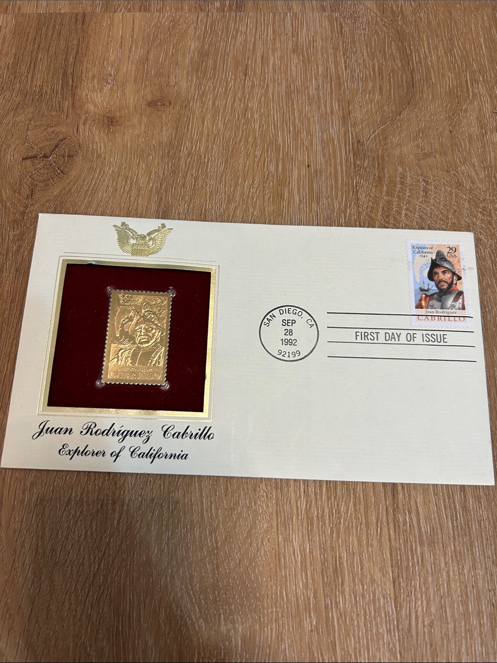 Juan Rodriguez Cabrillo Gold Tone Commemorative Stamp.  Sep 28,1992.